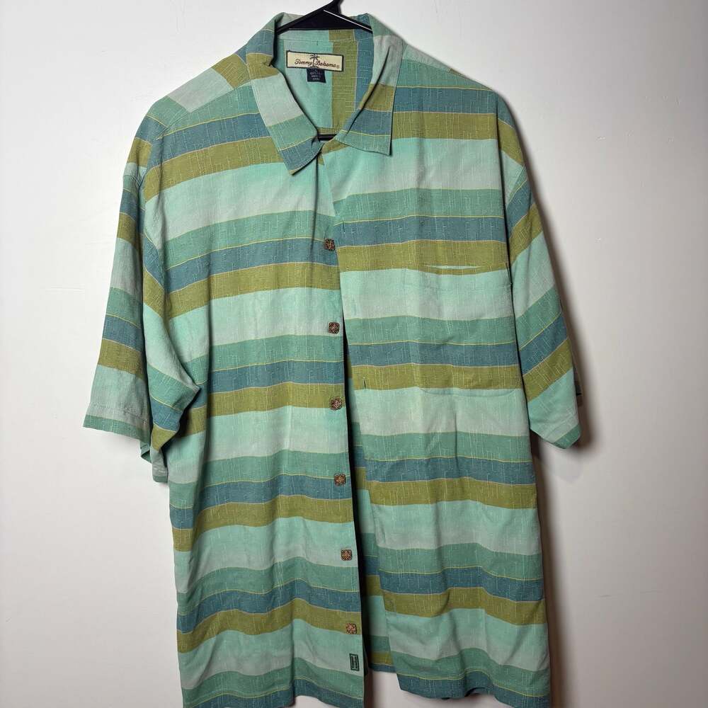Tommy Bahama Men's 100% Silk Striped Camp Shirt, Size L, Green and Blue Stripes